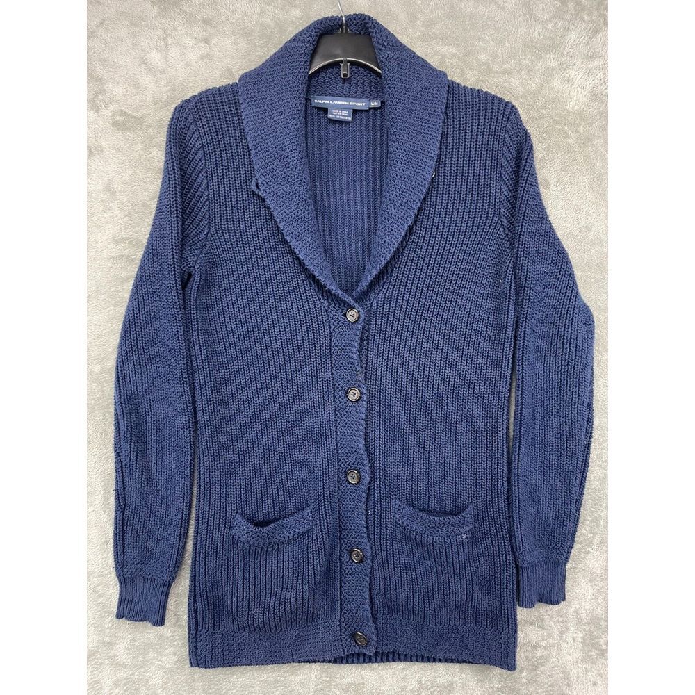 Ralph Lauren Sport Women's Cardigan Sweater Medium Navy‎ Shawl Collar Rib Knit